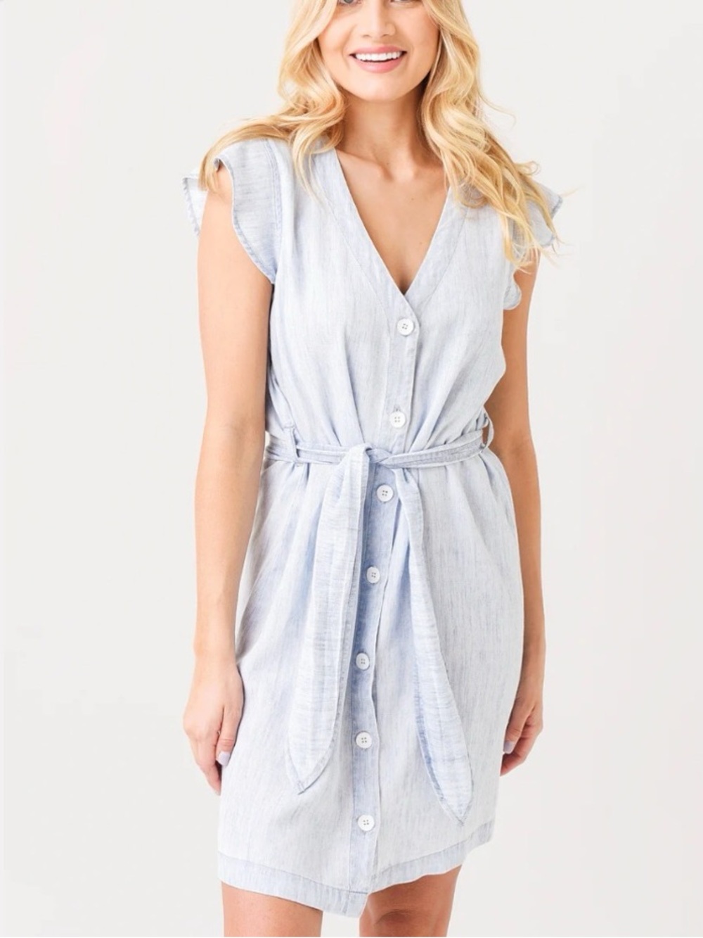 Light Blue Button-Front Sleeveless Linen Blend Dress with Tie Waist